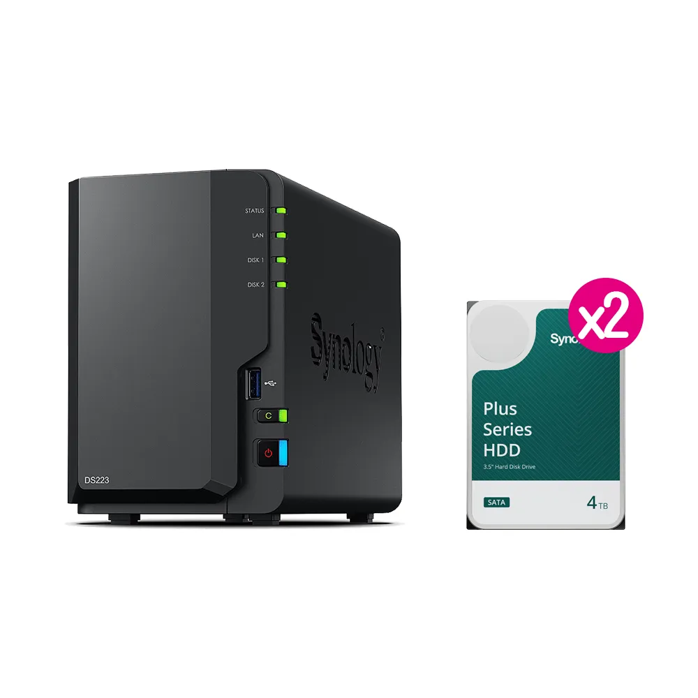 【Synology 群暉科技】搭 HAT3300 4TB x2  ★ DS223 2Bay NAS 網路儲存伺服器