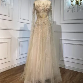 【女神婚紗禮服】高端U領長披肩宴會晚禮服LA60869 金色(訂婚 結婚)