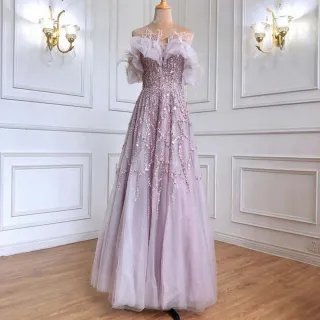 【女神婚紗禮服】高端荷葉一字肩宴會晚禮服LA71328 丁香紫(訂婚 敬酒服)