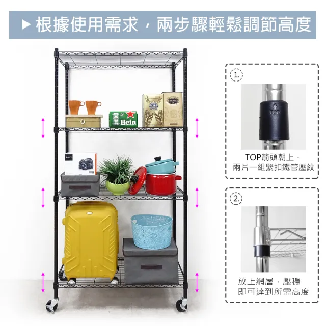 【yo-life】100%台灣製 鐵架四層架-銀黑任選-贈三英吋工業輪(91x46x180cm)