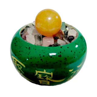 【養慧軒】鶯歌陶瓷綠盆+五行水晶碎石800g+招財圓球(聚寶盆瓶身直徑11.5cm)