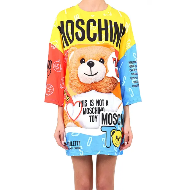 【MOSCHINO】熊熊圖案七分袖長版洋裝(黃色拼藍紅)