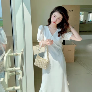 【Dorri】玩美衣櫃仙氣白洋裝法式V領禮服連身裙S-XL