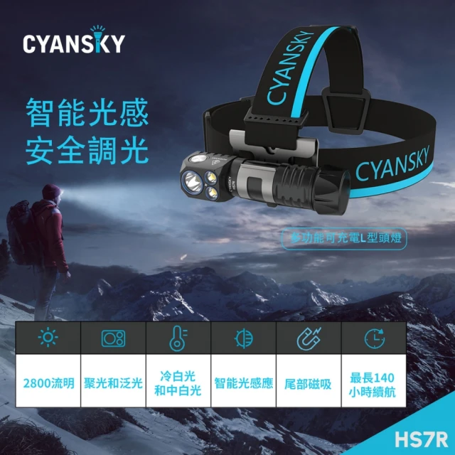 【CYANSKY】錸特光電 HS7R 2800流明(多功能可充電 雙色溫 聚光 泛光 L型頭燈 強光手電筒 工作頭燈)