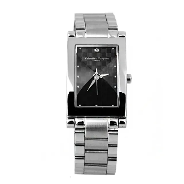 【范倫鐵諾˙古柏】切割美學黑色經典格紋不鏽鋼手錶