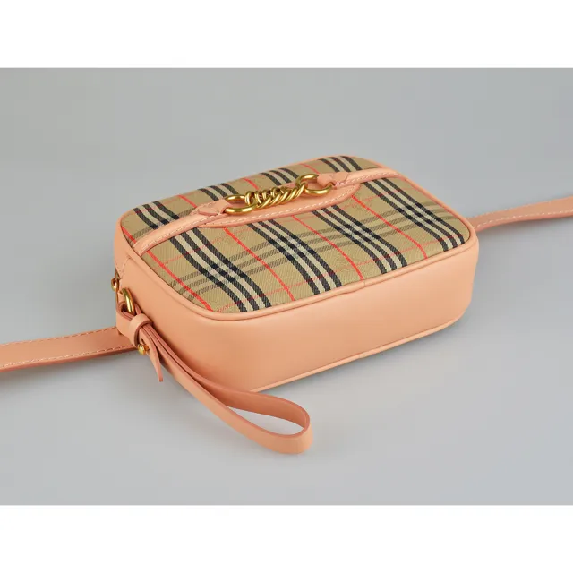 【BURBERRY 巴寶莉】BURBERRY Link經典戰馬LOGO格紋帆布拼牛皮拉鍊手拿包/腰包(米格紋x淡桃紅)