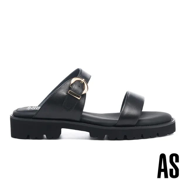 【AS 集團】率性舒適金屬環釦雙寬帶全真皮厚底拖鞋(黑)
