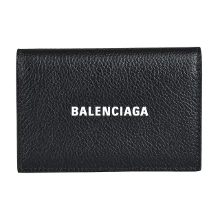 【Balenciaga 巴黎世家】BALENCIAGA印白字LOGO小牛皮2卡壓釦式翻蓋名片卡夾包(黑)