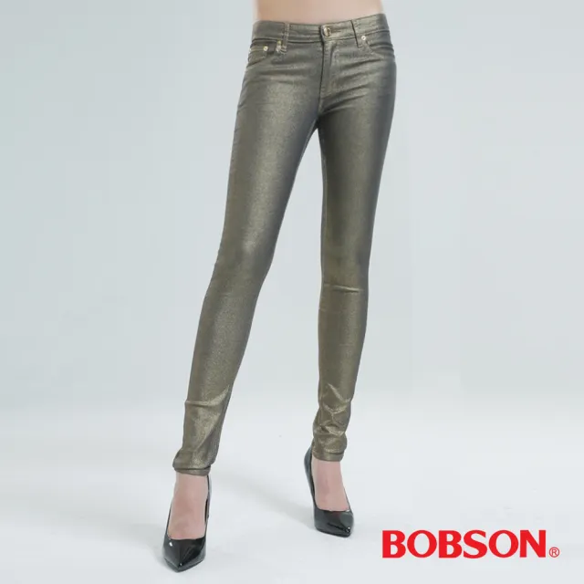 【BOBSON】金銀色緊身小直筒牛仔褲(香檳金8091-02)