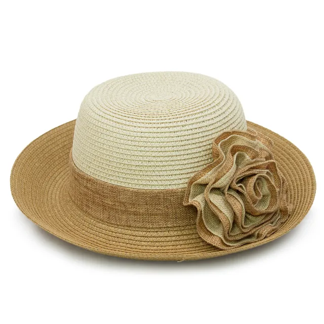 【Limehi】時尚造型花邊草帽 沙灘遮陽帽 翻邊圓帽(米白咖 Lime-16)