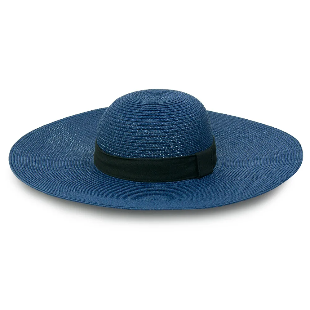 【Limehi】時尚黑色織帶造型草帽 沙灘遮陽帽 可折疊帽(深藍 Lime-18)