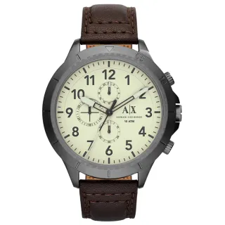 【A│X Armani Exchange】時刻終戰三眼計時腕錶-白X深咖啡皮帶(AX1757)