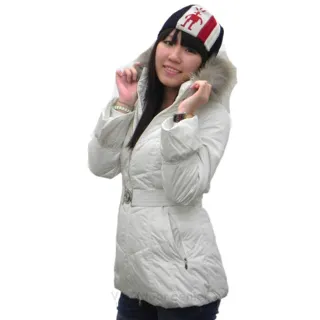【荒野 wildland】女款 中長版 貉子毛單件式保暖羽絨外套/大衣.保暖外套(92107 米白)