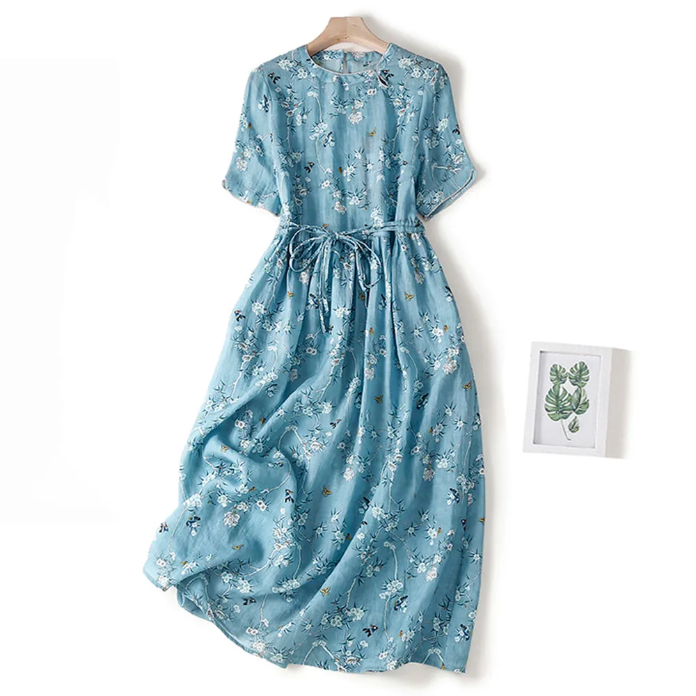 【ACheter】大碼連身裙圓領短袖薄款復古棉麻藍碎花系帶長版洋裝#117736(藍)