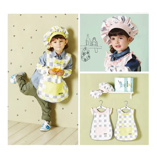 【POT DE MIEL】兒童圍裙套裝/畫畫衣/廚房工作服/帶袖套帽子/多用途圍裙(綠格)