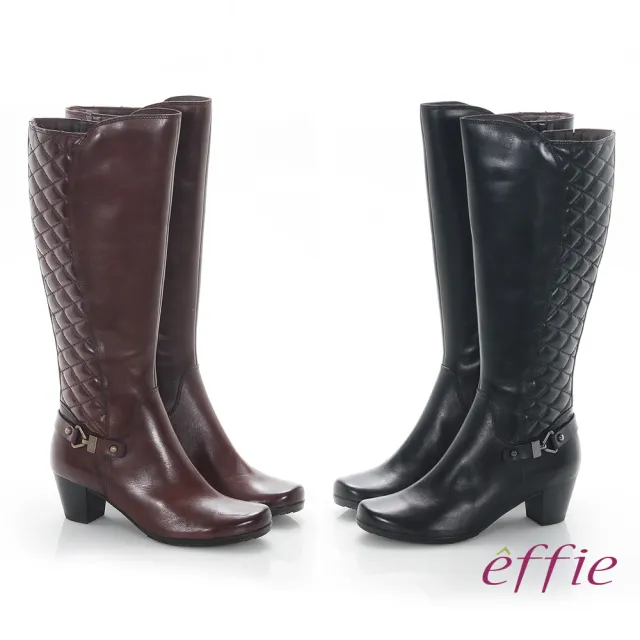 【effie】魅力時尚 真皮後側拼接菱格中跟長靴(咖啡)