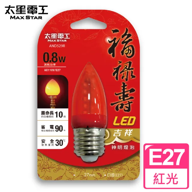 【太星電工】福祿壽0.8W LED吉祥神明燈泡-紅光(E27)