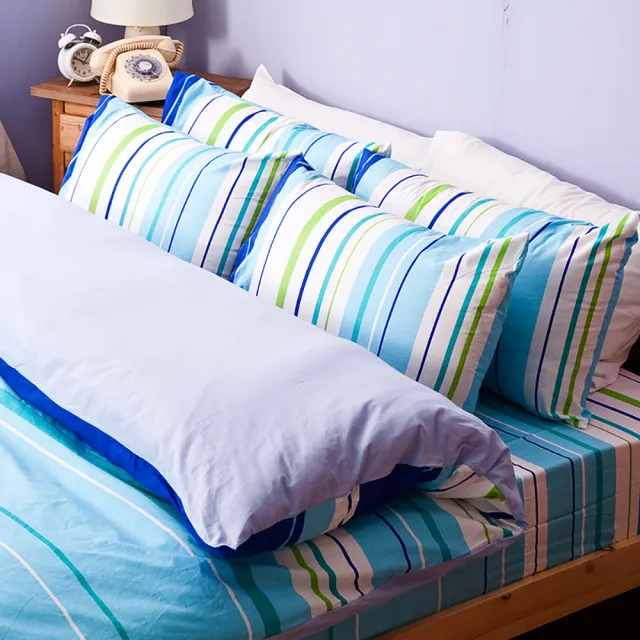 【戀家小舖】100%純棉枕套兩用被床包四件組-加大(繽紛特調-藍)