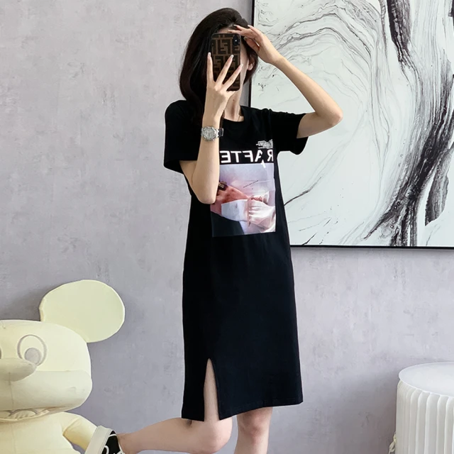 【KVOLL】玩美衣櫃簡約圖片印花黑色T恤連身裙-XL
