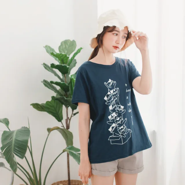 【OB 嚴選】台灣製造Q萌貓咪寬鬆長版竹節棉T恤上衣 《AB12761》