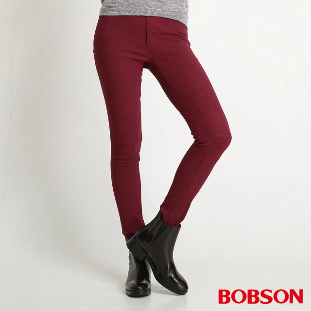 【BOBSON】女款高腰高彈力緹織布緊身褲(紅8109-13)