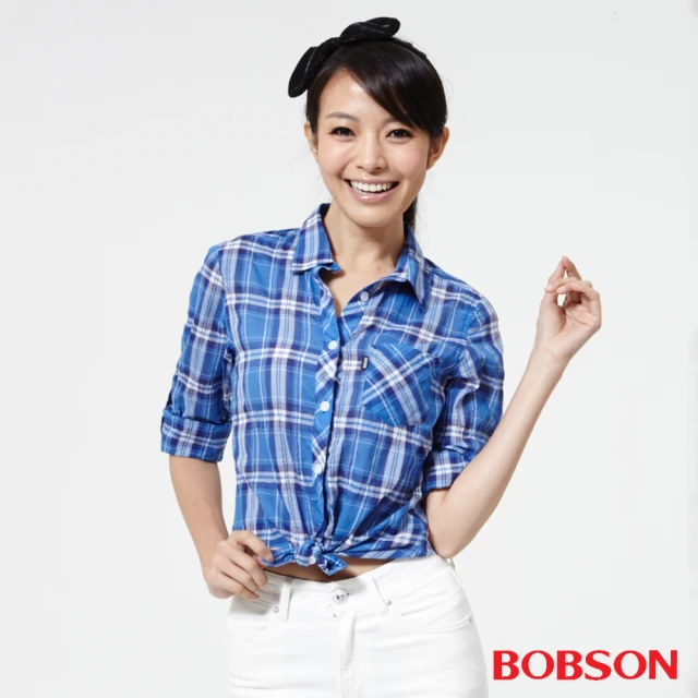 【BOBSON】女款格子襯衫(藍25137-58)
