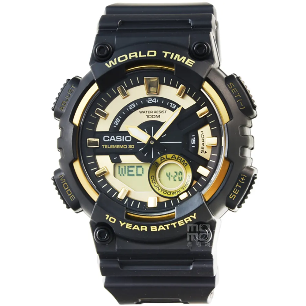 【CASIO】卡西歐雙顯多時區電子膠帶錶-黑(AEQ-110BW-9A 公司貨全配盒裝)