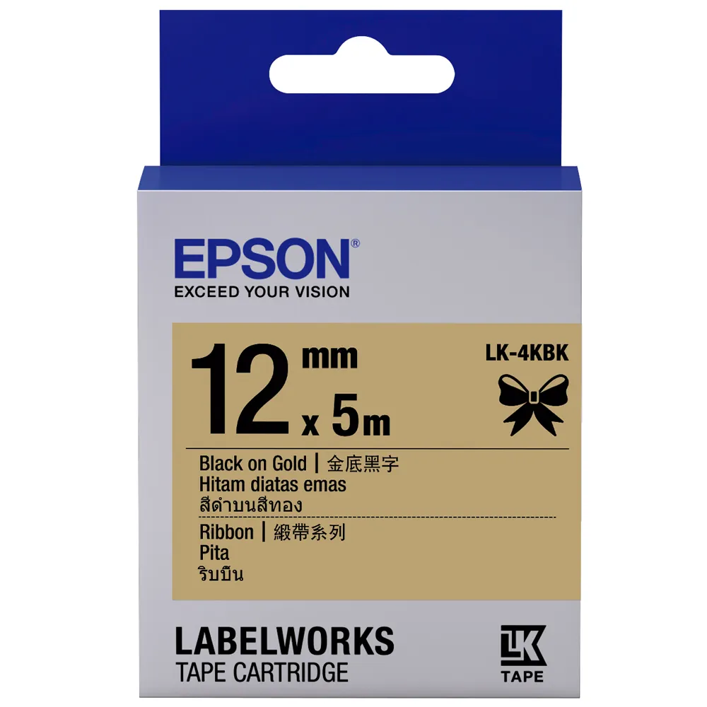 【EPSON】標籤帶 緞帶金底黑字/12mm(LK-4KBK)