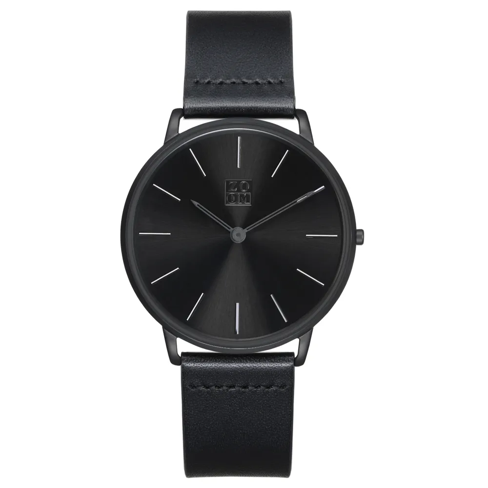 【ZOOM】THIN 5010 極簡超薄真皮皮革手錶-黑-42mm(ZM5010)