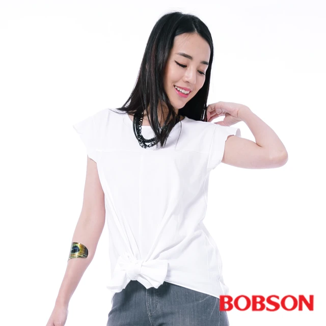 【BOBSON】女款綁結式下擺上衣(白26088-80)