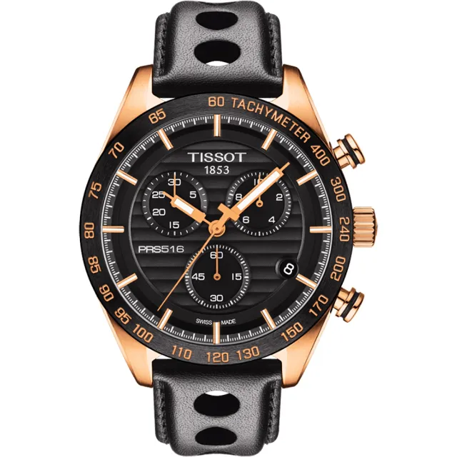 【TISSOT】PRS516 三眼計時手錶-黑x玫塊金框/42mm 送行動電源(T1004173605100)