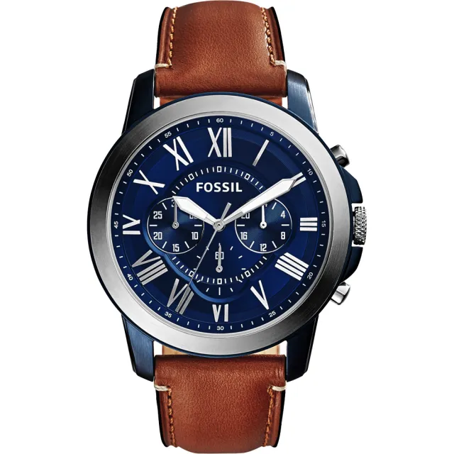 【FOSSIL】Grant 旗艦三眼計時手錶-藍x棕/44mm(FS5151)