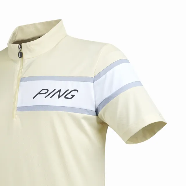 【PING】男款LOGO剪接運動立領短袖POLO衫-芥黃(吸濕排汗/芳香紗/抗菌防臭/GOLF/高爾夫球衫/PA23122-33)