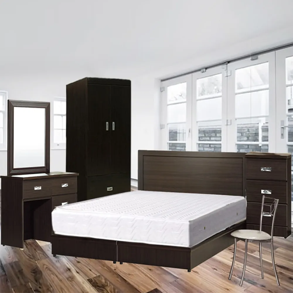 【品生活】簡約優質七件式房間組2色可選-單人加大3.5尺(床頭片+床底+獨立筒+床頭櫃+化妝台+椅+衣櫥)