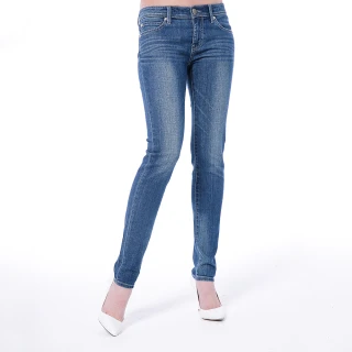 【BOBSON】女款低腰有機棉小直筒褲(藍8129-53)