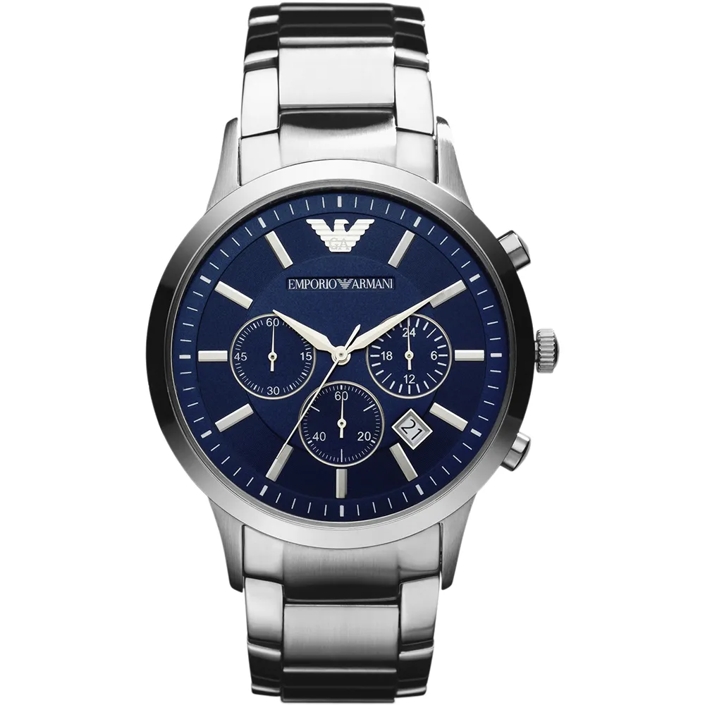 【EMPORIO ARMANI】Classic 王者時尚家三眼計時手錶-藍x銀/43mm(AR2448)
