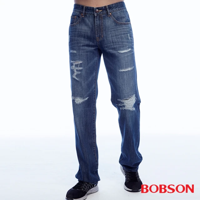 【BOBSON】男款低腰刷破補釘直筒褲(1818-53)