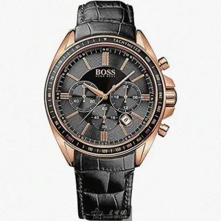 【BOSS】BOSS手錶型號HB1513092(黑色錶面玫瑰金錶殼深黑色真皮皮革錶帶款)