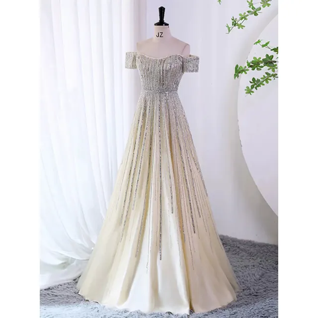 【女神婚紗禮服】高端氣質香檳金一字肩宴會晚禮服 PLGZ-1313一字肩(婚宴服 主持人)