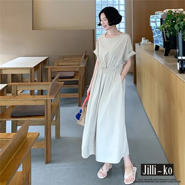 【JILLI-KO】韓國風chic簡約腰鬆緊寬鬆長款連衣裙-F(黑/杏)