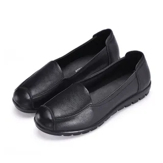 【MOM】全真皮秀氣拼接舒適休閒平底鞋(黑)