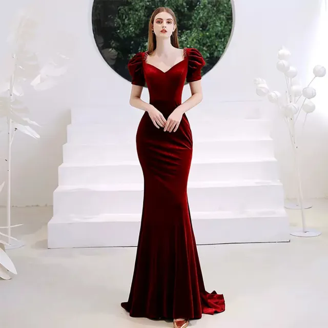 【女神婚紗禮服】高端酒紅色泡泡袖魚尾宴會晚禮服 PLGZ-1712(訂婚禮服 敬酒服)