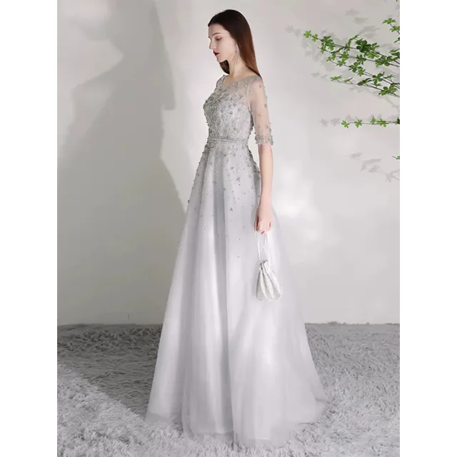 【女神婚紗禮服】高端藍灰色氣質輕奢宴會晚禮服 PLGZ-1328(派對 旅拍)