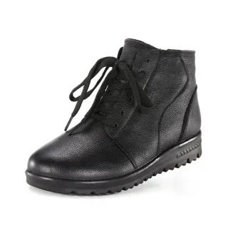 【MOM】真皮頭層牛皮經典綁帶拼接舒適厚底短靴(黑)