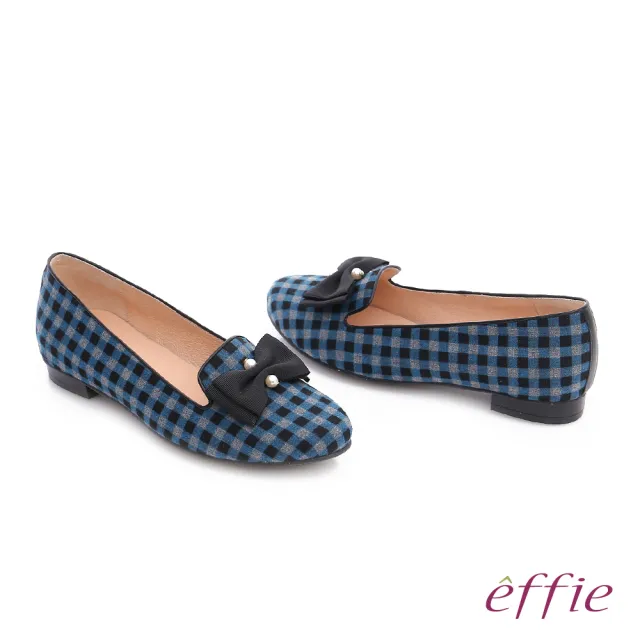 【effie】都會舒適 全真皮豔彩格紋拼接珍珠蝴蝶低跟鞋(藍)