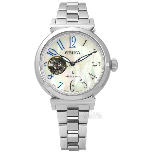 【SEIKO 精工】LUKIA 亮麗珍珠母貝藍寶石玻璃機械不鏽鋼手錶 銀色 34mm(4R38-01E0S.SSA839J1)