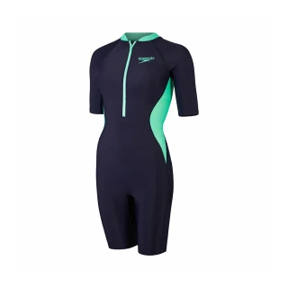 【SPEEDO】女 運動連身短袖及膝泳裝(深藍/綠)