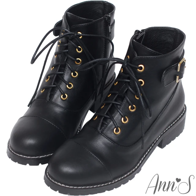 【Ann’S】個性元素-古銅C釦層次縫線側拉鍊綁帶低跟短靴(黑)