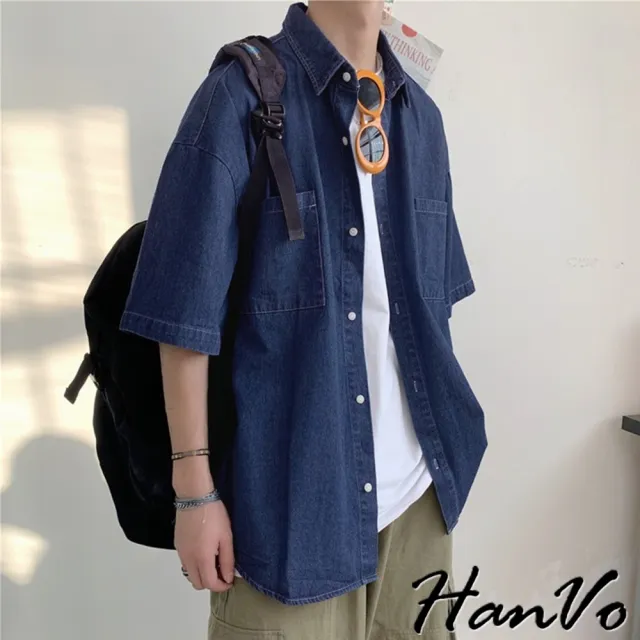 【HanVo】現貨 男款休閒寬鬆牛仔短袖襯衫(舒適透氣潮流復古工裝上衣 韓版夏季T恤 男生衣著 B01-1016)