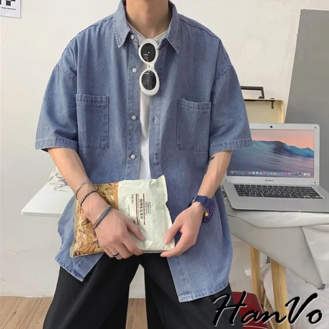 【HanVo】現貨 男款休閒寬鬆牛仔短袖襯衫(舒適透氣潮流復古工裝上衣 韓版夏季T恤 男生衣著 B01-1016)